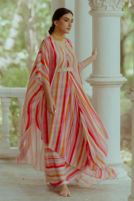 Paulmi And Harsh_Multi Color Pure Crepe Striped V Neck Kaftan Skirt Set _Online_at_Aza_Fashions