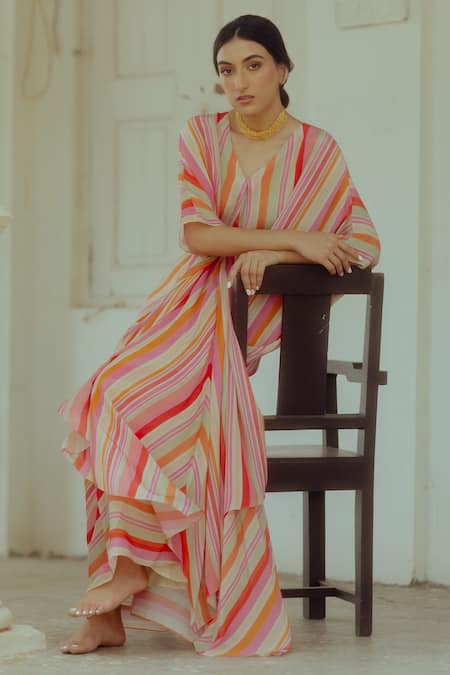 Buy_Paulmi And Harsh_Multi Color Pure Crepe Striped V Neck Kaftan Skirt Set _Online_at_Aza_Fashions