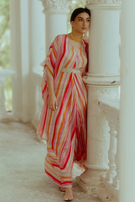 Shop_Paulmi And Harsh_Multi Color Pure Crepe Striped V Neck Kaftan Skirt Set _Online_at_Aza_Fashions
