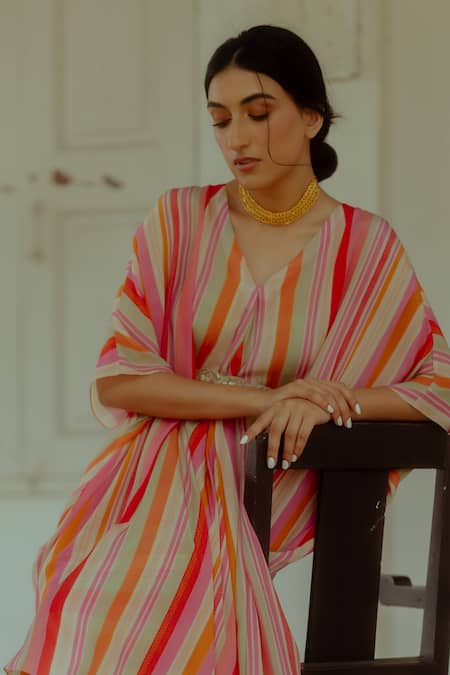Paulmi And Harsh_Multi Color Pure Crepe Striped V Neck Kaftan Skirt Set _at_Aza_Fashions