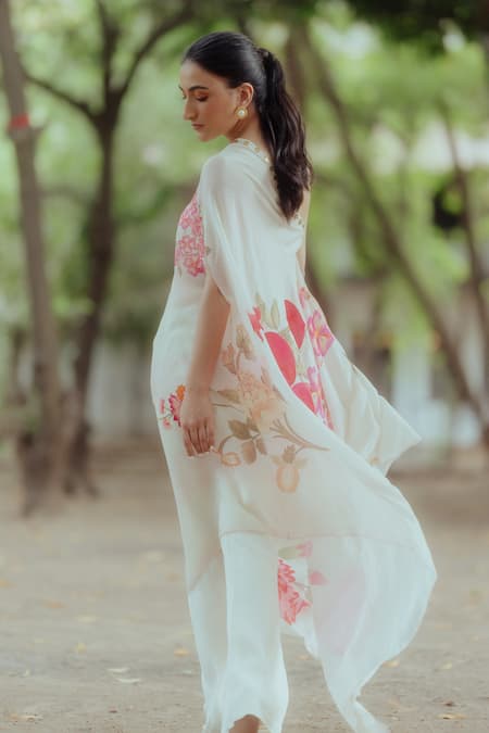 Shop_Paulmi and Harsh_White Pure Crepe Anar And Coins, Rose One Shoulder Tunic & Pant Set _at_Aza_Fashions