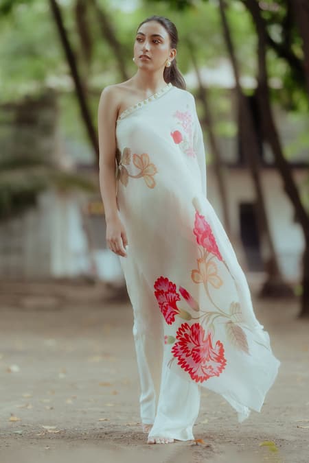 Paulmi and Harsh_White Pure Crepe Anar And Coins, Rose One Shoulder Tunic & Pant Set _Online_at_Aza_Fashions