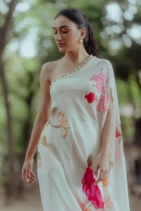 Shop_Paulmi and Harsh_White Pure Crepe Anar And Coins, Rose One Shoulder Tunic & Pant Set _Online_at_Aza_Fashions