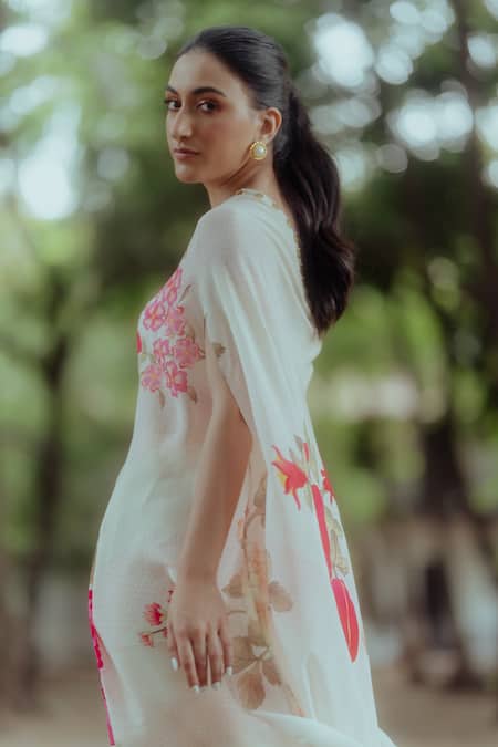 Paulmi and Harsh_White Pure Crepe Anar And Coins, Rose One Shoulder Tunic & Pant Set _at_Aza_Fashions