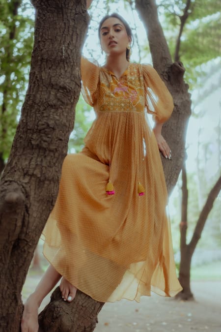 Paulmi And Harsh_Yellow Pure Chiffon Mirror, Sequin, Flame Print, Beads, Thread And Midi Dress _Online_at_Aza_Fashions