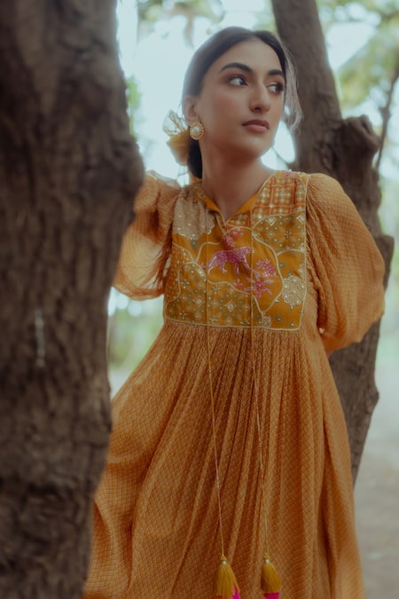 Buy_Paulmi And Harsh_Yellow Pure Chiffon Mirror, Sequin, Flame Print, Beads, Thread And Midi Dress _Online_at_Aza_Fashions