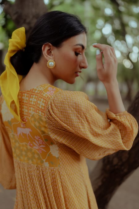 Shop_Paulmi And Harsh_Yellow Pure Chiffon Mirror, Sequin, Flame Print, Beads, Thread And Midi Dress _Online_at_Aza_Fashions