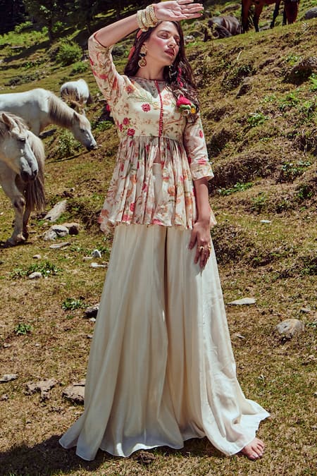 Paulmi And Harsh_White Peplum Malai Chanderi And Palazzo Cotton Silk Floral Print, Top & Set _Online_at_Aza_Fashions
