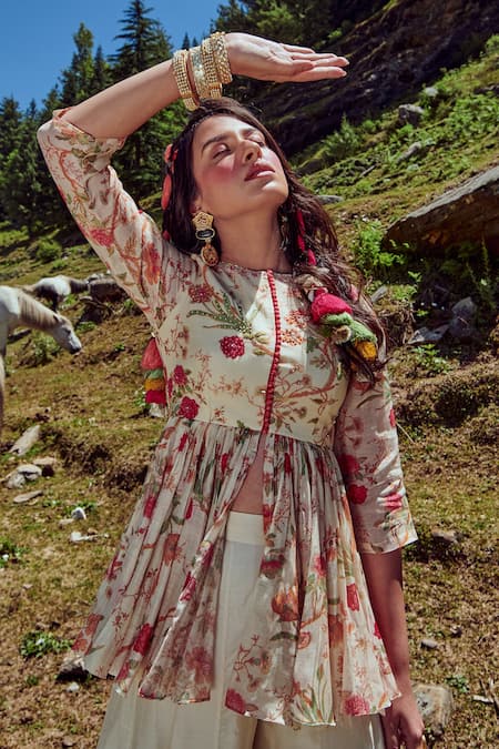 Shop_Paulmi And Harsh_White Peplum Malai Chanderi And Palazzo Cotton Silk Floral Print, Top & Set _Online_at_Aza_Fashions