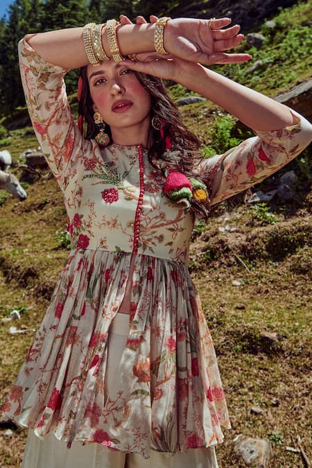 Paulmi And Harsh_White Peplum Malai Chanderi And Palazzo Cotton Silk Floral Print, Top & Set _at_Aza_Fashions