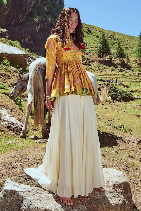 Paulmi And Harsh Yellow Peplum Malai Chanderi And Palazzo Cotton Silk Mirror & Resham, Top & Set Online at Aza Fashions Paulmi And Harsh_Yellow Peplum Malai Chanderi And Palazzo Cotton Silk Mirror & Resham, Top & Set _Online_at_Aza_Fashions