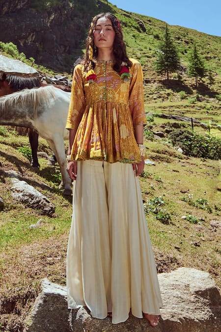 Buy Paulmi And Harsh Yellow Peplum Malai Chanderi And Palazzo Cotton Silk Mirror & Resham, Top & Set Online at Aza Fashions Buy_Paulmi And Harsh_Yellow Peplum Malai Chanderi And Palazzo Cotton Silk Mirror & Resham, Top & Set _Online_at_Aza_Fashions