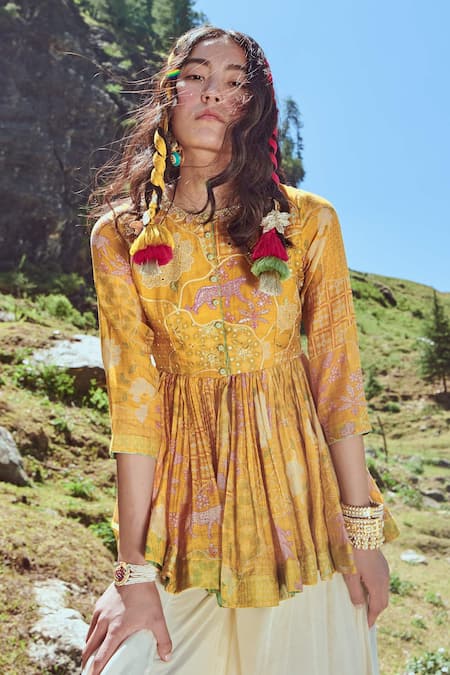 Paulmi And Harsh Yellow Peplum Malai Chanderi And Palazzo Cotton Silk Mirror & Resham, Top & Set at Aza Fashions Paulmi And Harsh_Yellow Peplum Malai Chanderi And Palazzo Cotton Silk Mirror & Resham, Top & Set _at_Aza_Fashions