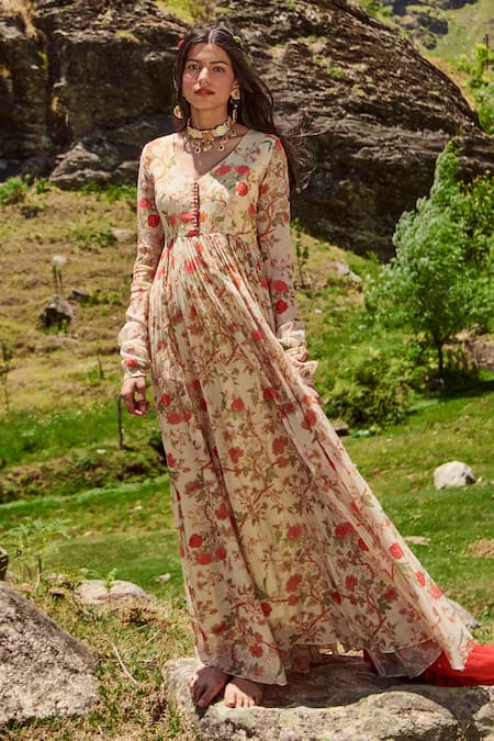 Paulmi And Harsh_White Anarkali Malai Chanderi And Dupatta Cotton Mul Floral Print & Zari V With _Online_at_Aza_Fashions