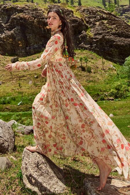 Shop_Paulmi And Harsh_White Anarkali Malai Chanderi And Dupatta Cotton Mul Floral Print & Zari V With _Online_at_Aza_Fashions