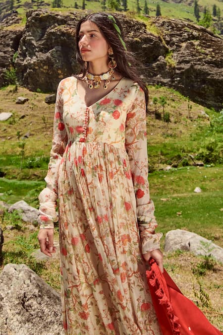 Paulmi And Harsh_White Anarkali Malai Chanderi And Dupatta Cotton Mul Floral Print & Zari V With _at_Aza_Fashions