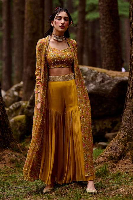Paulmi And Harsh_Yellow Blouse Cotton Silk, Jacket Chiffon And Palazzo Georgette Sequin & & Set _Online_at_Aza_Fashions