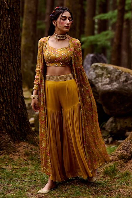 Buy_Paulmi And Harsh_Yellow Blouse Cotton Silk, Jacket Chiffon And Palazzo Georgette Sequin & & Set _Online_at_Aza_Fashions