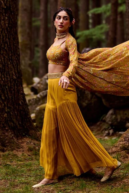Shop_Paulmi And Harsh_Yellow Blouse Cotton Silk, Jacket Chiffon And Palazzo Georgette Sequin & & Set _Online_at_Aza_Fashions