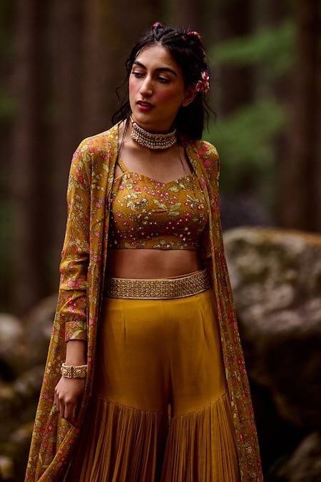 Paulmi And Harsh_Yellow Blouse Cotton Silk, Jacket Chiffon And Palazzo Georgette Sequin & & Set _at_Aza_Fashions
