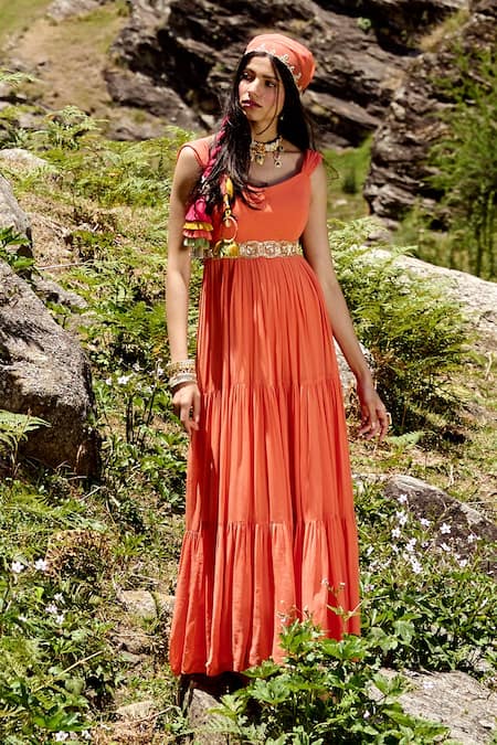 Paulmi and Harsh Orange Georgette And Organza Embroidery Layered Anarkali With Mirror Work Dupatta 