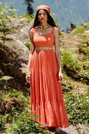 Buy_Paulmi And Harsh_Orange Georgette And Organza Cutdana Layered Anarkali With Mirror Work Dupatta _Online_at_Aza_Fashions