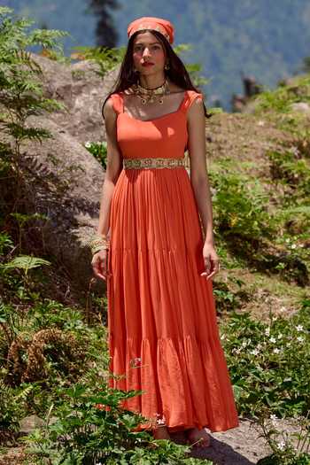 Shop Paulmi And Harsh Orange Georgette And Organza Cutdana Layered Anarkali With Mirror Work Dupatta Online at Aza Fashions Shop_Paulmi And Harsh_Orange Georgette And Organza Cutdana Layered Anarkali With Mirror Work Dupatta _Online_at_Aza_Fashions