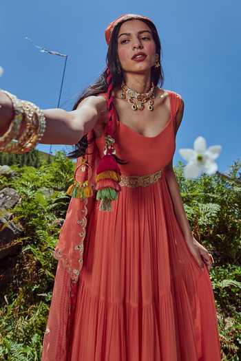 Paulmi And Harsh Orange Georgette And Organza Cutdana Layered Anarkali With Mirror Work Dupatta at Aza Fashions Paulmi And Harsh_Orange Georgette And Organza Cutdana Layered Anarkali With Mirror Work Dupatta _at_Aza_Fashions