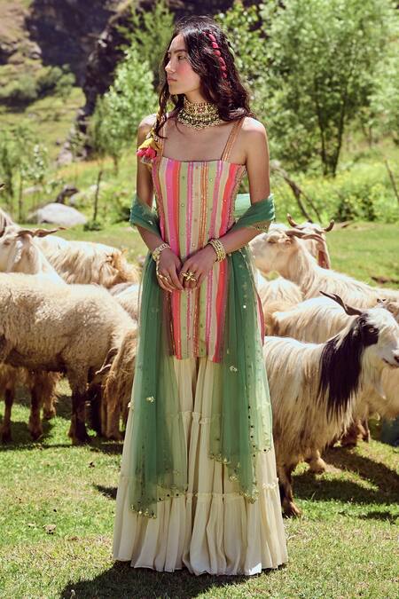 Paulmi And Harsh_Multi Color Crepe And Net Mirror, Sequin, Moti & Dabka Work, Kurta Sharara Set_Online_at_Aza_Fashions