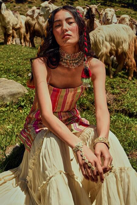 Shop_Paulmi And Harsh_Multi Color Crepe And Net Mirror, Sequin, Moti & Dabka Work, Kurta Sharara Set_Online_at_Aza_Fashions