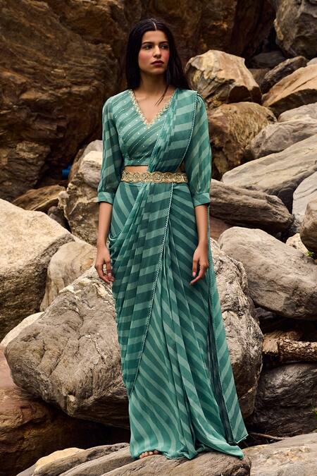 Paulmi And Harsh_Blue Georgette Sequin And Cutdana, Dabka, Leheriya Pre-draped Saree With Blouse_Online_at_Aza_Fashions