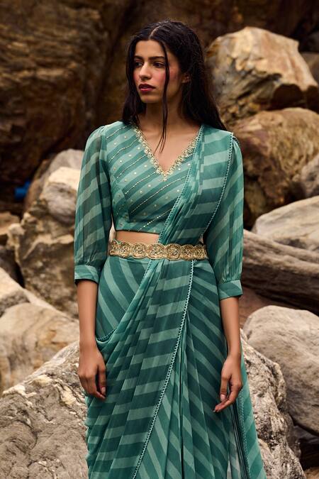 Buy_Paulmi And Harsh_Blue Georgette Sequin And Cutdana, Dabka, Leheriya Pre-draped Saree With Blouse_Online_at_Aza_Fashions