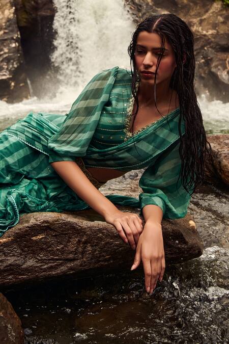 Shop_Paulmi And Harsh_Blue Georgette Sequin And Cutdana, Dabka, Leheriya Pre-draped Saree With Blouse_Online_at_Aza_Fashions