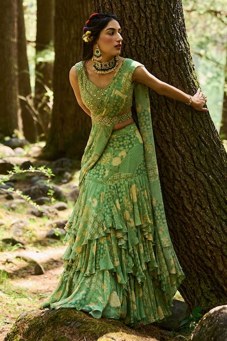 Shop Paulmi And Harsh Green Georgette And Organza Geometric Print, Mirror, Pre-draped Saree With Blouse Online at Aza Fashions Shop_Paulmi And Harsh_Green Georgette And Organza Geometric Print, Mirror, Pre-draped Saree With Blouse _Online_at_Aza_Fashions