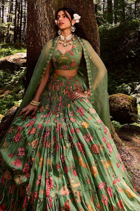 Paulmi And Harsh_Green Georgette And Net Mirror, Sequins, Jungle Print, Moti & Dabka, Lehenga Set _Online_at_Aza_Fashions