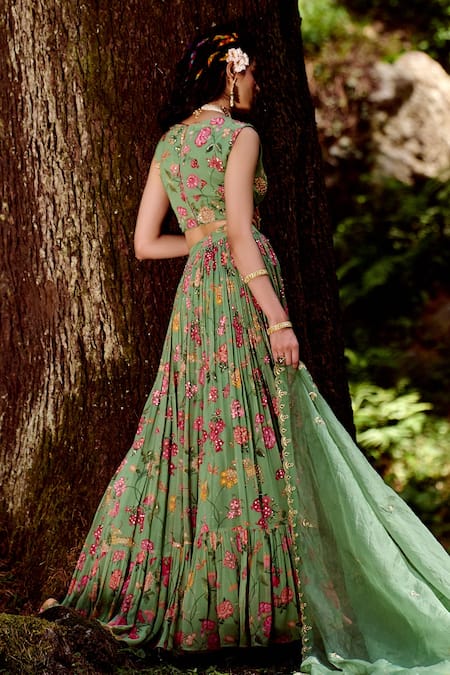 Shop_Paulmi And Harsh_Green Georgette And Net Mirror, Sequins, Jungle Print, Moti & Dabka, Lehenga Set _at_Aza_Fashions