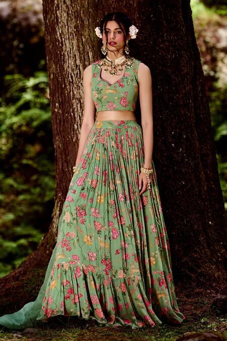 Buy_Paulmi And Harsh_Green Georgette And Net Mirror, Sequins, Jungle Print, Moti & Dabka, Lehenga Set _Online_at_Aza_Fashions