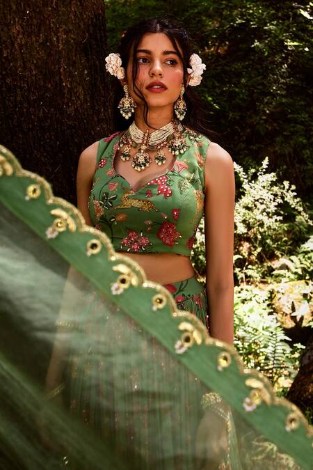 Paulmi And Harsh_Green Georgette And Net Mirror, Sequins, Jungle Print, Moti & Dabka, Lehenga Set _at_Aza_Fashions