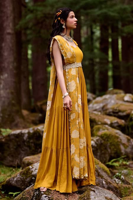 Paulmi And Harsh_Yellow Georgette Mirror And Cutdana, Rose Print V Tiered Anarkali With Dupatta _Online_at_Aza_Fashions