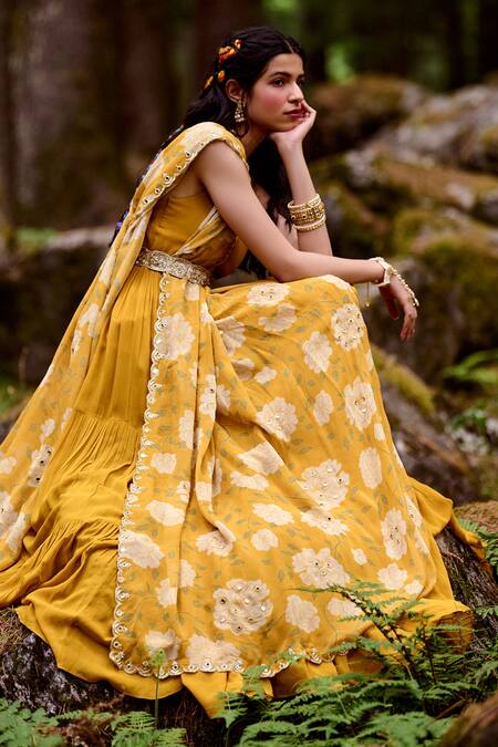 Buy_Paulmi And Harsh_Yellow Georgette Mirror And Cutdana, Rose Print V Tiered Anarkali With Dupatta _Online_at_Aza_Fashions