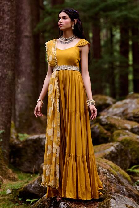 Shop_Paulmi And Harsh_Yellow Georgette Mirror And Cutdana, Rose Print V Tiered Anarkali With Dupatta _Online_at_Aza_Fashions