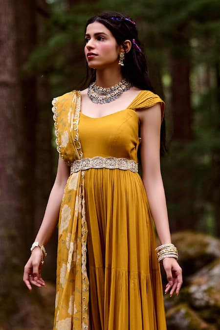 Paulmi And Harsh_Yellow Georgette Mirror And Cutdana, Rose Print V Tiered Anarkali With Dupatta _at_Aza_Fashions