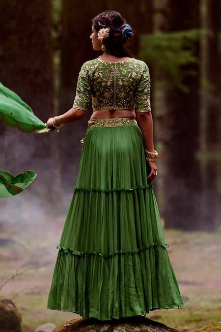 Shop Paulmi And Harsh Green Crepe And Tissue Mirror, Sequin & Cutdana Leaf Neck Layered Lehenga Set at Aza Fashions Shop_Paulmi And Harsh_Green Crepe And Tissue Mirror, Sequin & Cutdana Leaf Neck Layered Lehenga Set _at_Aza_Fashions