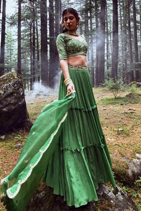 Paulmi And Harsh Green Crepe And Tissue Mirror, Sequin & Cutdana Leaf Neck Layered Lehenga Set Online at Aza Fashions Paulmi And Harsh_Green Crepe And Tissue Mirror, Sequin & Cutdana Leaf Neck Layered Lehenga Set _Online_at_Aza_Fashions