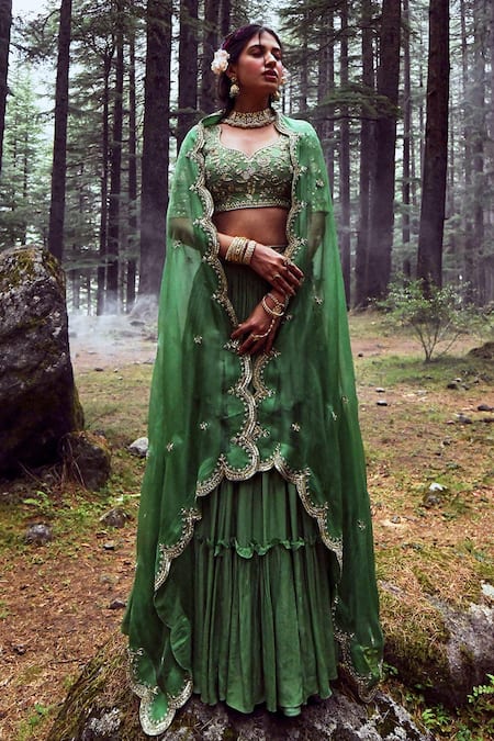 Buy Paulmi And Harsh Green Crepe And Tissue Mirror, Sequin & Cutdana Leaf Neck Layered Lehenga Set Online at Aza Fashions Buy_Paulmi And Harsh_Green Crepe And Tissue Mirror, Sequin & Cutdana Leaf Neck Layered Lehenga Set _Online_at_Aza_Fashions