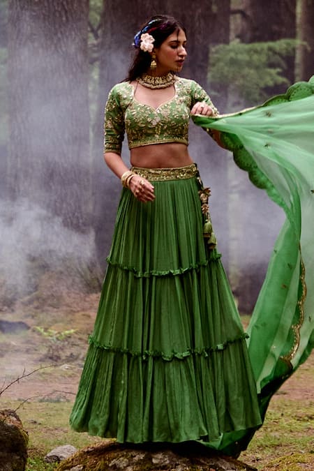 Shop Paulmi And Harsh Green Crepe And Tissue Mirror, Sequin & Cutdana Leaf Neck Layered Lehenga Set Online at Aza Fashions Shop_Paulmi And Harsh_Green Crepe And Tissue Mirror, Sequin & Cutdana Leaf Neck Layered Lehenga Set _Online_at_Aza_Fashions