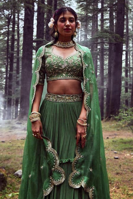 Paulmi And Harsh Green Crepe And Tissue Mirror, Sequin & Cutdana Leaf Neck Layered Lehenga Set at Aza Fashions Paulmi And Harsh_Green Crepe And Tissue Mirror, Sequin & Cutdana Leaf Neck Layered Lehenga Set _at_Aza_Fashions