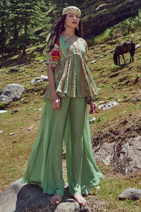 Paulmi And Harsh_Green Crepe Floral, Geometric Print, Sequin, Moti And Peplum Top & Palazzo Set _Online_at_Aza_Fashions