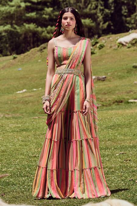 Buy_Paulmi And Harsh_Multi Color Georgette Sequin, Cutdana And Pre-draped Sharara Saree With Blouse_Online_at_Aza_Fashions