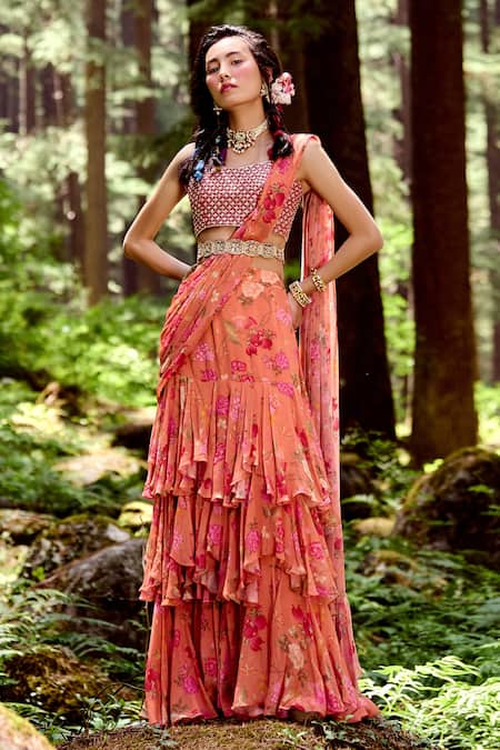 Buy_Paulmi And Harsh_Orange Georgette And Organza Sequins, Cutdana & Pre-draped Saree With Blouse_Online_at_Aza_Fashions